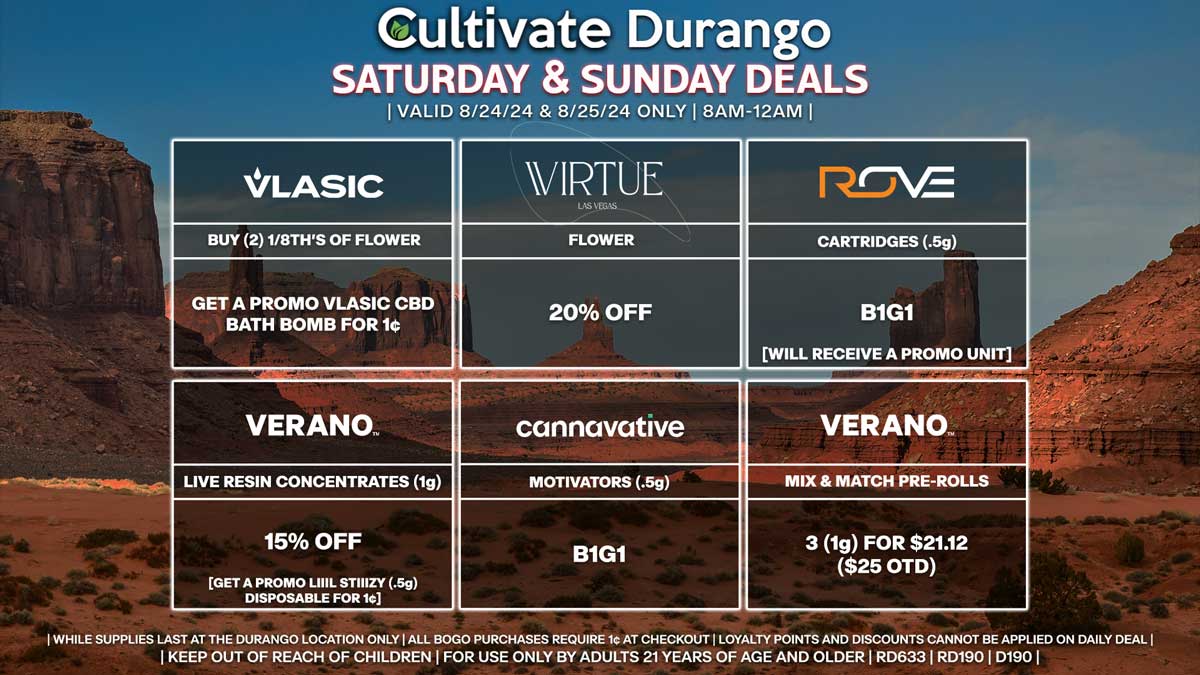 Cultivate Las Vegas Dispensary Daily Deals! Valid SATURDAY & SUNDAY 8/24-8/25 Only | 8AM-12AM | While Supplies Last!