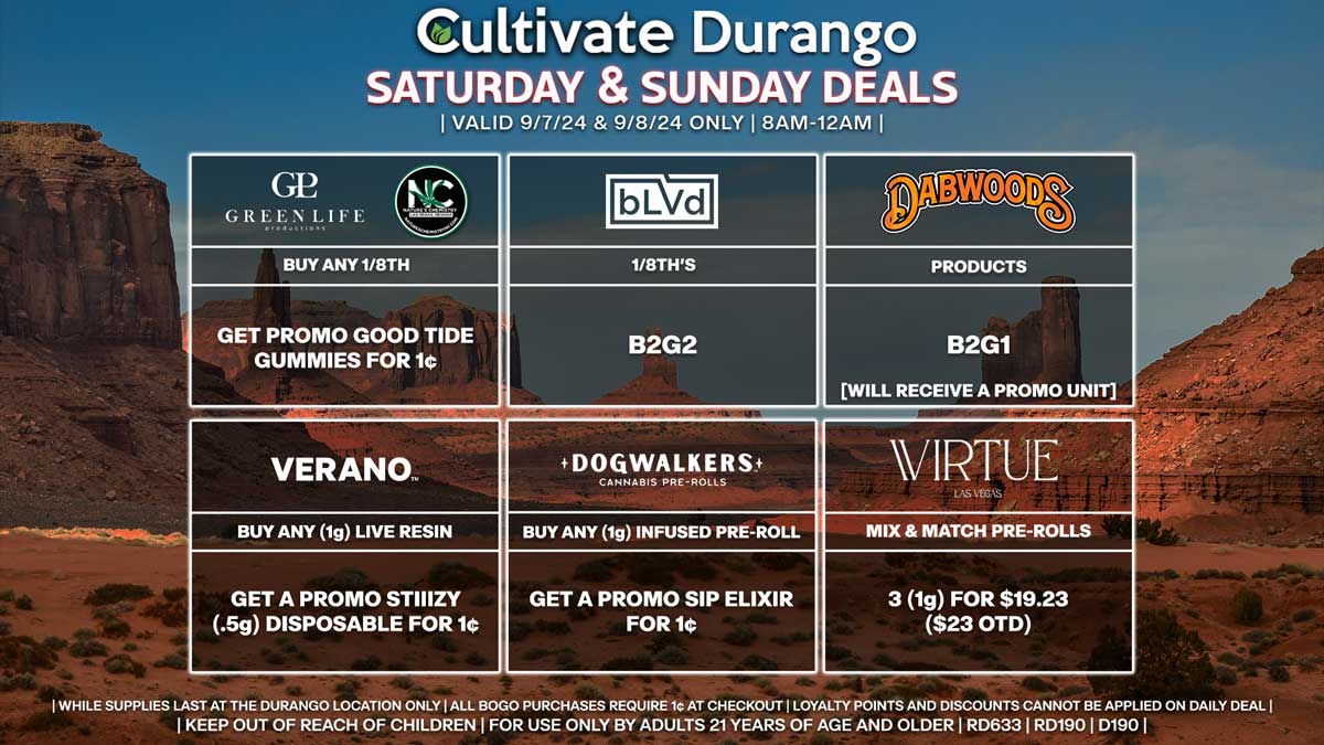 Cultivate Las Vegas Dispensary Daily Deals! Valid SATURDAY & SUNDAY 9/7-9/8 Only | 8AM-12AM | While Supplies Last!