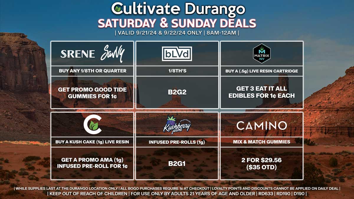 Cultivate Las Vegas Dispensary Daily Deals! Valid SATURDAY & SUNDAY 9/21-9/22 Only | 8AM-12AM | While Supplies Last!