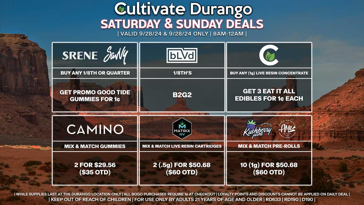 Cultivate Las Vegas Dispensary Daily Deals! Valid SATURDAY & SUNDAY 9/28-9/29 Only | 8AM-12AM | While Supplies Last!