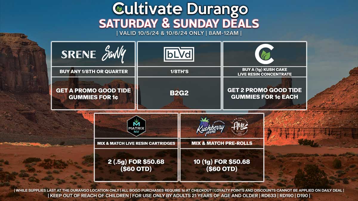 Cultivate Las Vegas Dispensary Daily Deals! Valid SATURDAY & SUNDAY 10/5-10/6 Only | 8AM-12AM | While Supplies Last!