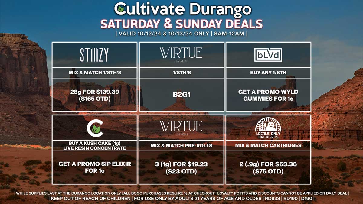 Cultivate Las Vegas Dispensary Daily Deals! Valid SATURDAY & SUNDAY 10/12-10/13 Only | 8AM-12AM | While Supplies Last!