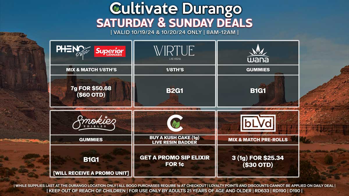 Cultivate Las Vegas Dispensary Daily Deals! Valid SATURDAY & SUNDAY 10/19-10/20 Only | 8AM-12AM | While Supplies Last!