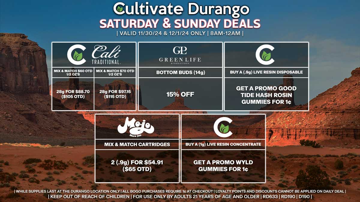 Cultivate Las Vegas Dispensary Daily Deals! Valid SATURDAY & SUNDAY 11/30-12/1 Only | 8AM-12AM | While Supplies Last!