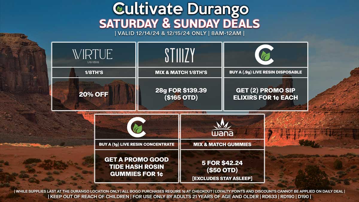 Cultivate Las Vegas Dispensary Daily Deals! Valid SATURDAY & SUNDAY 12/14-12/15 Only | 8AM-12AM | While Supplies Last!