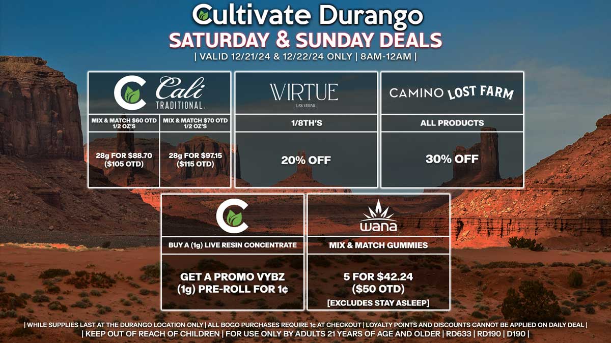 Cultivate Las Vegas Dispensary Daily Deals! Valid SATURDAY & SUNDAY 12/21-12/22 Only | 8AM-12AM | While Supplies Last!