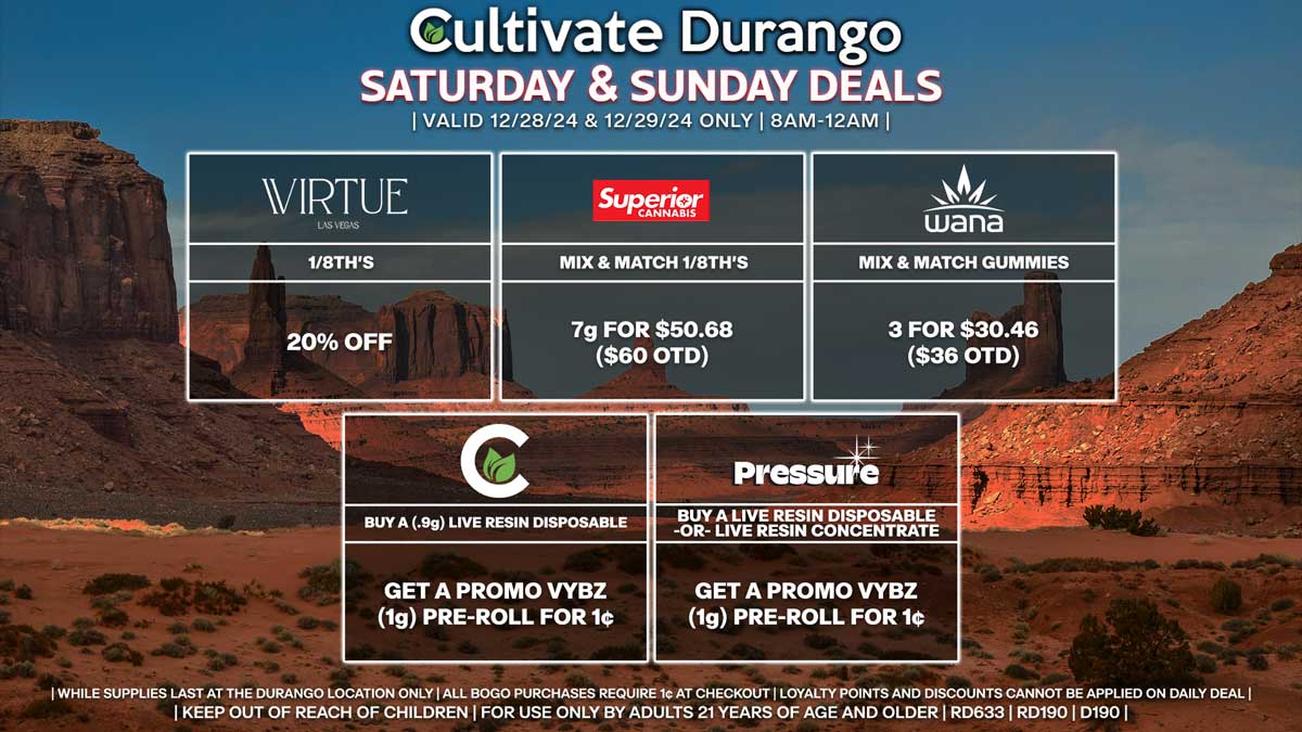 Cultivate Las Vegas Dispensary Daily Deals! Valid SATURDAY & SUNDAY 12/28-12/29 Only | 8AM-12AM | While Supplies Last!