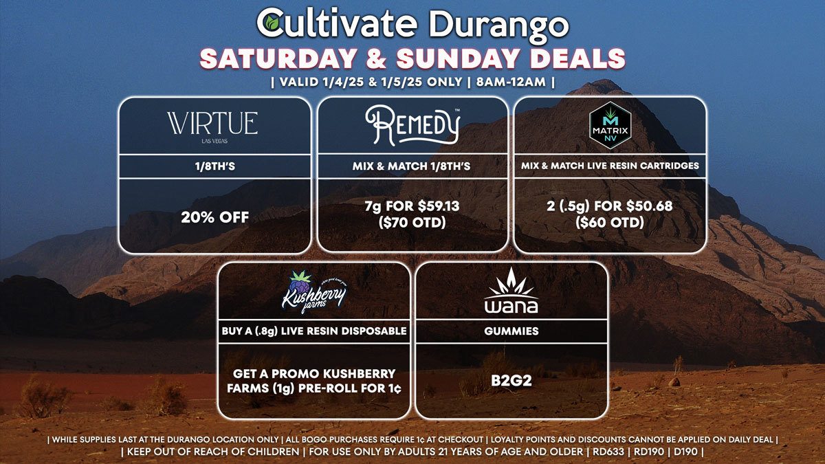 Cultivate Las Vegas Dispensary Daily Deals! Valid SATURDAY & SUNDAY 1/4-1/5 Only | 8AM-12AM | While Supplies Last!