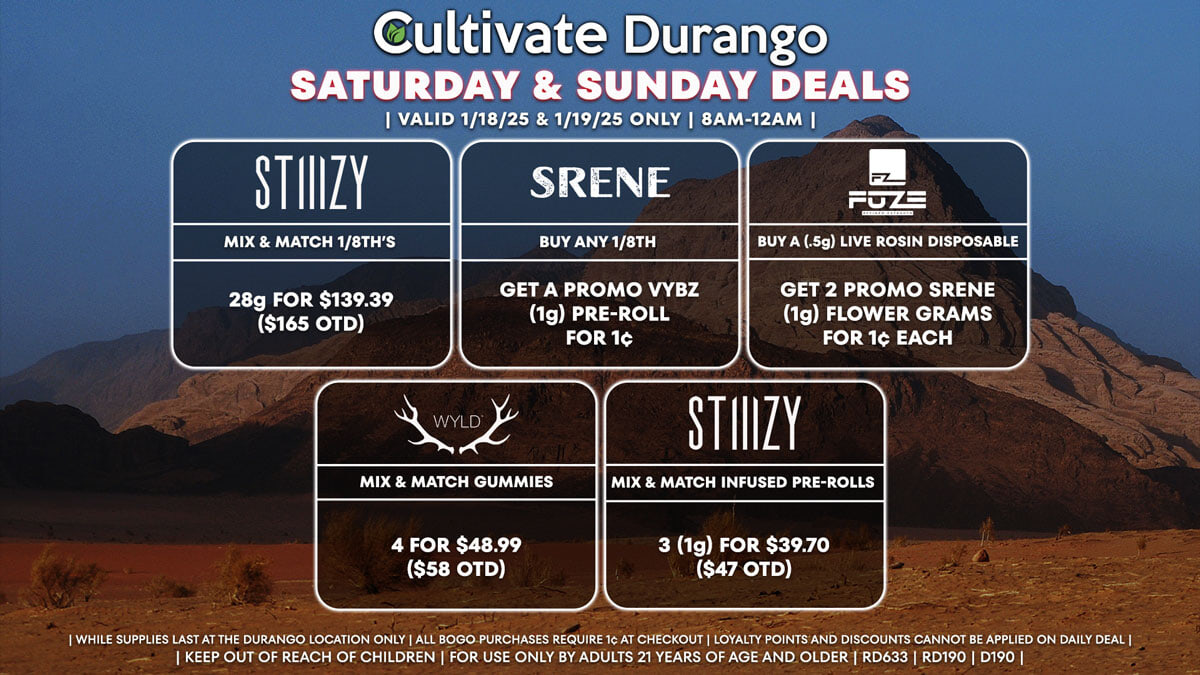 Cultivate Las Vegas Dispensary Daily Deals! Valid SATURDAY & SUNDAY 1/18-1/19 Only | 8AM-12AM | While Supplies Last!