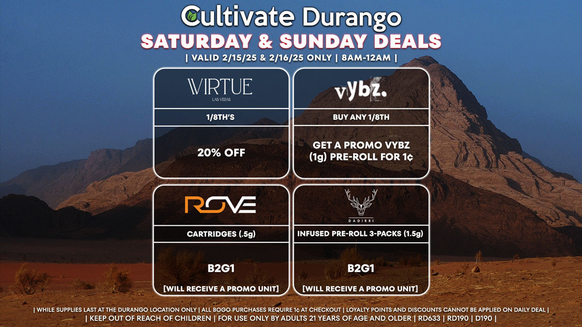 Cultivate Las Vegas Dispensary Daily Deals! Valid SATURDAY & SUNDAY 2/15-2/16 Only | 8AM-12AM | While Supplies Last!