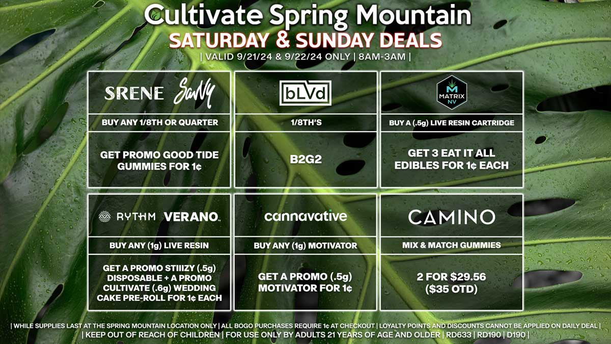 Cultivate Las Vegas Dispensary Daily Deals! Valid SATURDAY & SUNDAY 9/21-9/22 Only | 8AM-3AM | While  Supplies Last!