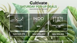 WYLD (S) 20% Off Valid 11PM-2PM INDO (S) B1G1 Valid 12PM-3PM STIIIZY (S) Pods (.95g) B1G1 ALL DAY Pop-Up During 3PM-6PM