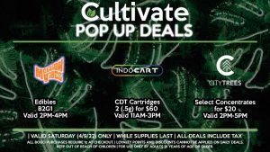 INDO (S) CDT Cartridges 2 (.5g) for $60 Valid 11AM-3PM CITY TREES (S) Kosher Dawg + Mother’s Milk (.5g) Live Resin Concentrates for $20 Valid 2PM-5PM MELLOW VIBES (S) Edibles B2G1 Valid 2PM-4PM