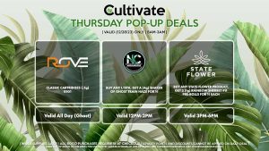 ROVE (T) Classic Cartridges (.5g) B1G1 Featured Farms Pre-Rolls B2G1 Valid 12PM-3PM STATE FLOWER (T) Buy Any 1/8th, Get 2 Rainbow Sherbet #11 (1g) Pre-Rolls for 1¢ Each Valid 3PM-6PM NATURE’S CHEMISTRY (T) Buy Any 1/8th, Get a 4g Shaker of Ghost Train Haze for 1¢ Valid 2PM-4PM