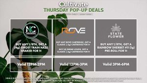 NATURE’S CHEMISTRY (T) Buy Any 1/8th, Get a 4g Shaker of Ghost Train Haze for 1¢ Valid 12PM-2PM ROVE (T) Buy Any Rove Cartridge, Get a Classic (.5g) Cartridge for 1¢ Buy (4) Drink Louds, Get a Classic (.5g) Cartridge for 1¢ Valid 12PM-3PM STATE FLOWER (T) Buy Any 1/8th, Get Rainbow Sherbet #11 (1g) Pre-Rolls for 1¢ Valid 3PM-6PM