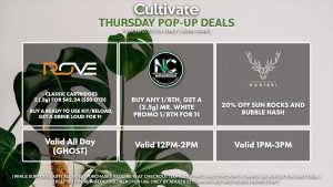  NATURE’S CHEMISTRY (T) Buy Any 1/8th, Get a 4g Shaker of Ghost Train Haze for 1¢ Valid 12PM-2PM ROVE (T) Buy Any Rove Cartridge, Get a Classic (.5g) Cartridge for 1¢ Buy (4) Drink Louds, Get a Classic (.5g) Cartridge for 1¢ Valid 12PM-3PM DADIRRI (T) 20% Off SunRocks and Bubble Hash Valid 1PM-3PM