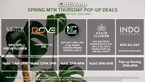 NATURE’S CHEMISTRY (T) Buy Any 1/8th, Get a 4g Shaker of Ghost Train Haze for 1¢ Valid 12PM-2PM ROVE (T) 30% Off Valid All Day (Ghost) VIRTUE (T) 20% Off Virtue Flower Valid 3PM-6PM AIRO (T) B1G1 Valid 2PM-5PM