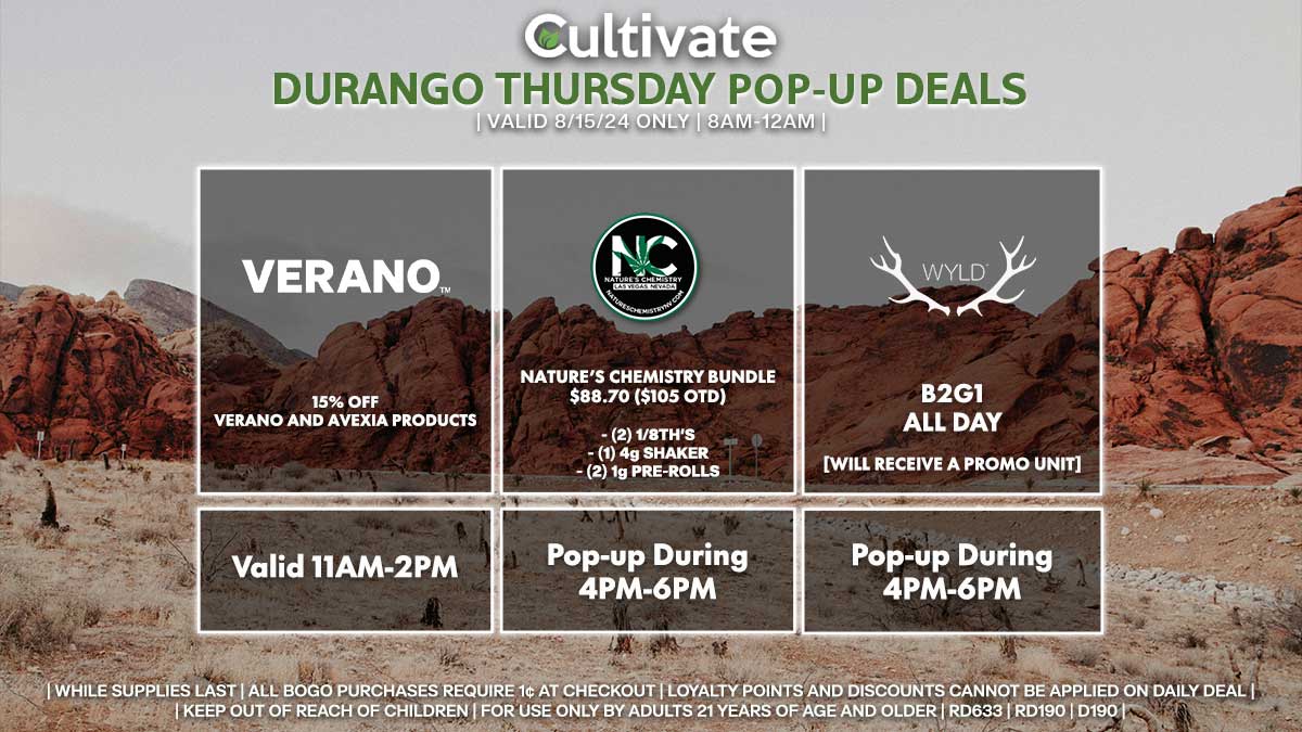 Verano Nature's Chemistry Wyld Las Vegas Cultivate Durango pop-ups