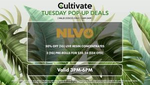 NLVO (T) 50% Off (1g) Live Resin Concentrates 3 (1g) Pre-Rolls for $20.24 ($24 OTD) Valid 3PM-6PM