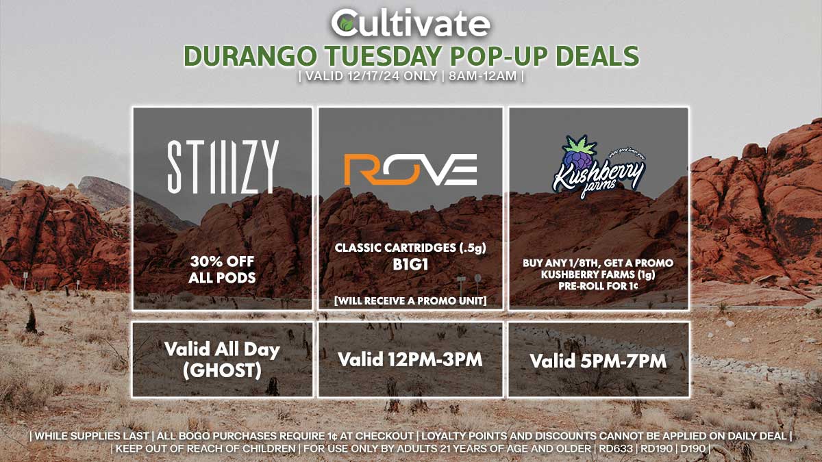 Stiiizy Rove Kushberry Farms Las Vegas Cultivate Durango pop-ups