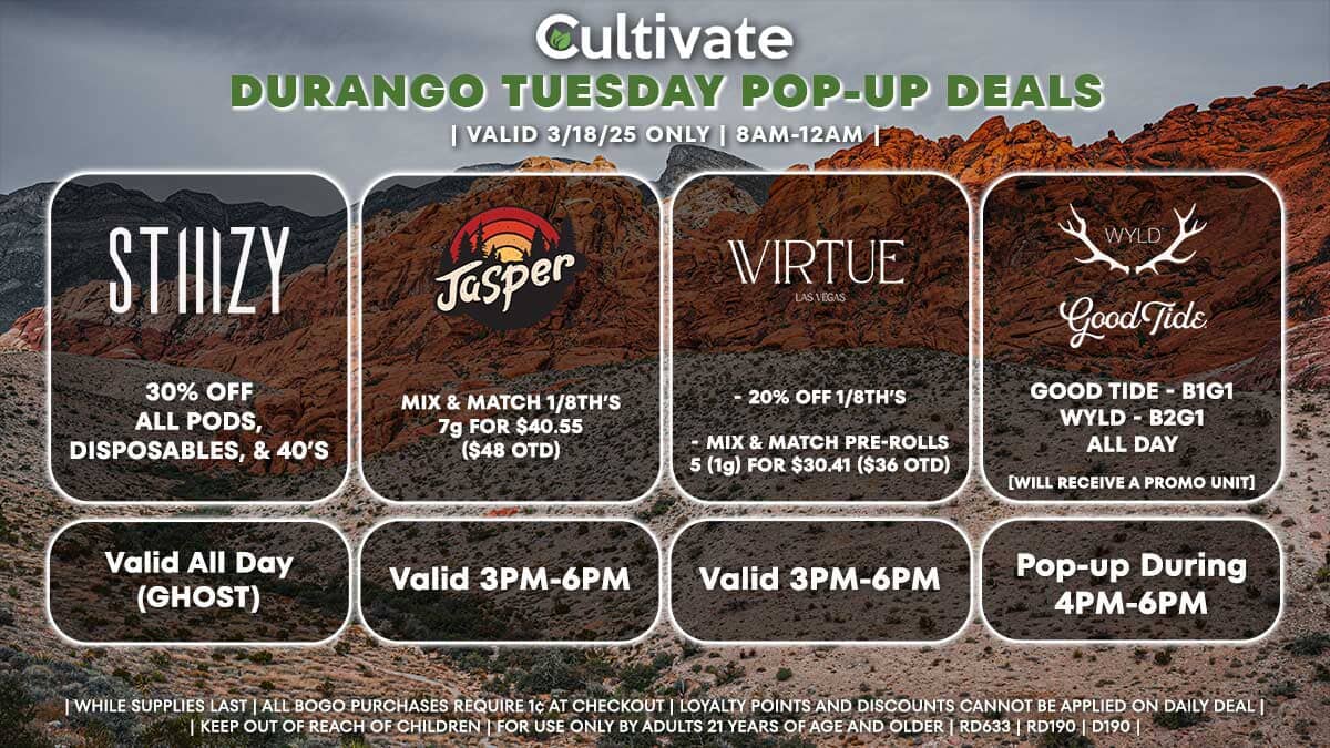 Stiiizy Jasper Virtue Wyld Good Tide Las Vegas Cultivate Durango Pop-ups