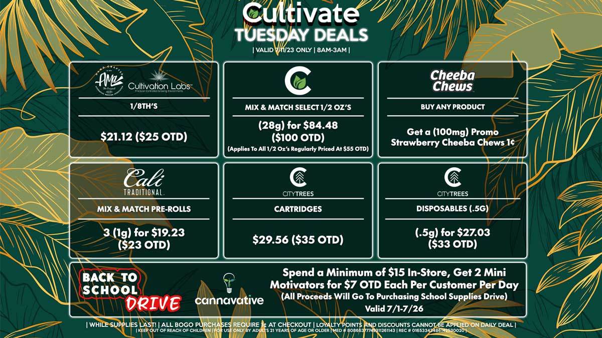 Cultivate Las Vegas Dispensary Daily Deals! Valid TUESDAY 7/11 Only | 8AM-3AM | While Supplies Last!