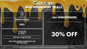 Cultivate Las Vegas Dispensary Daily Deals! Valid WEDNESDAY 9/27 Only | 8AM-3AM | While Supplies Last! ALL CONCENTRATES - 30% Off All Concentrates STIIIZY - Buy Any (.95g) CDT Pod, Get a Strawberry Shortcake (.5g) CDT Pod for 1¢ KANHA - Edibles B1G1 | Valid Wednesday (9/27/23), while supplies last | All BOGO purchases require 1¢ at checkout. | All deals include tax | Keep out of reach of children. For use only by adults 21 years of age or older. | Open 8AM to 3AM | Visit cultivatelv.com for more information |