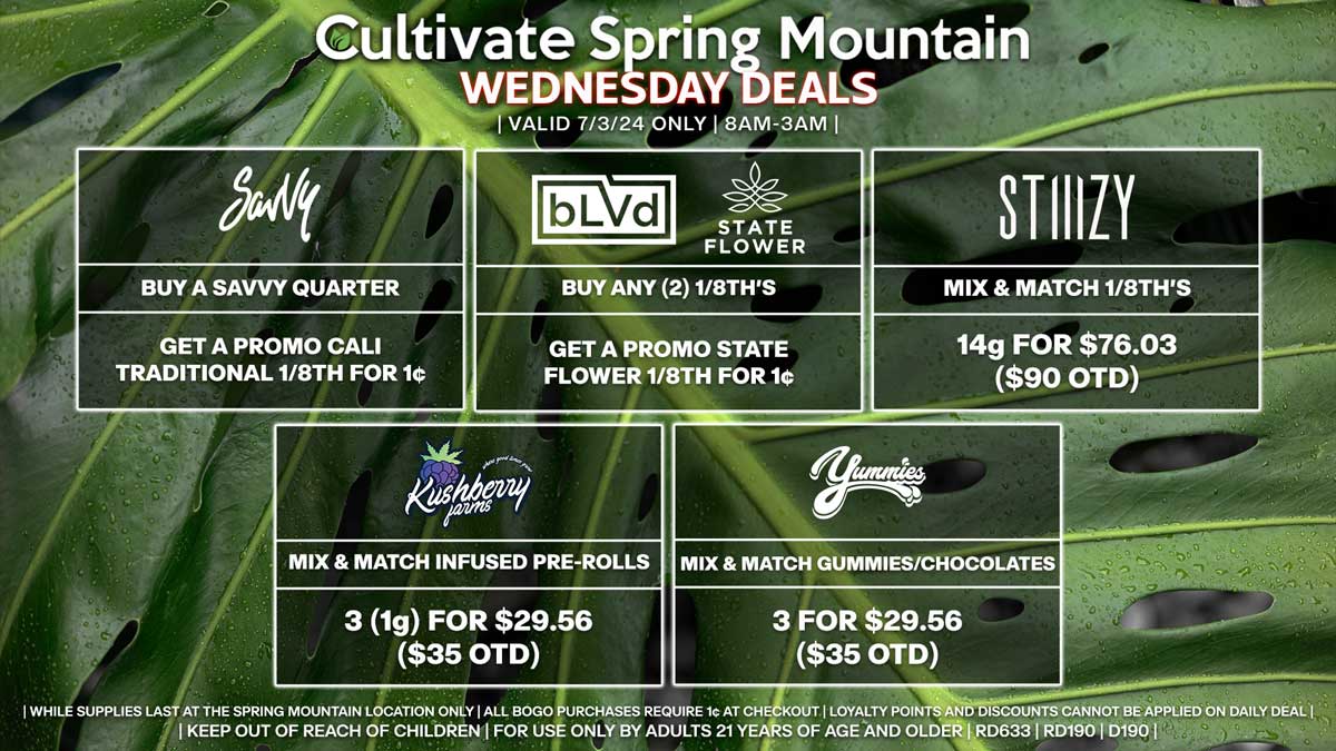 Cultivate Las Vegas Dispensary Daily Deals! Valid WEDNESDAY 7/3 Only | 8AM-3AM | While Supplies Last!