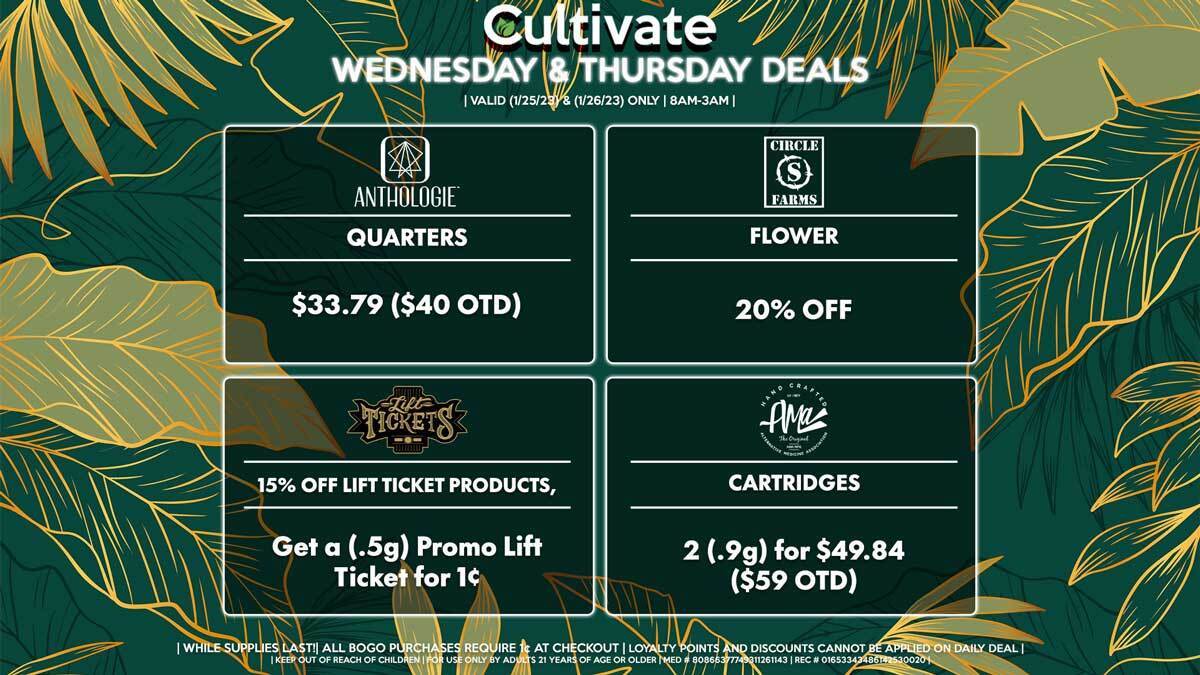 Cultivate Las Vegas Dispensary Daily Deals! Valid WEDNESDAY & THURSDAY 1/25-1/26 Only | 8AM-3AM | While Supplies Last!