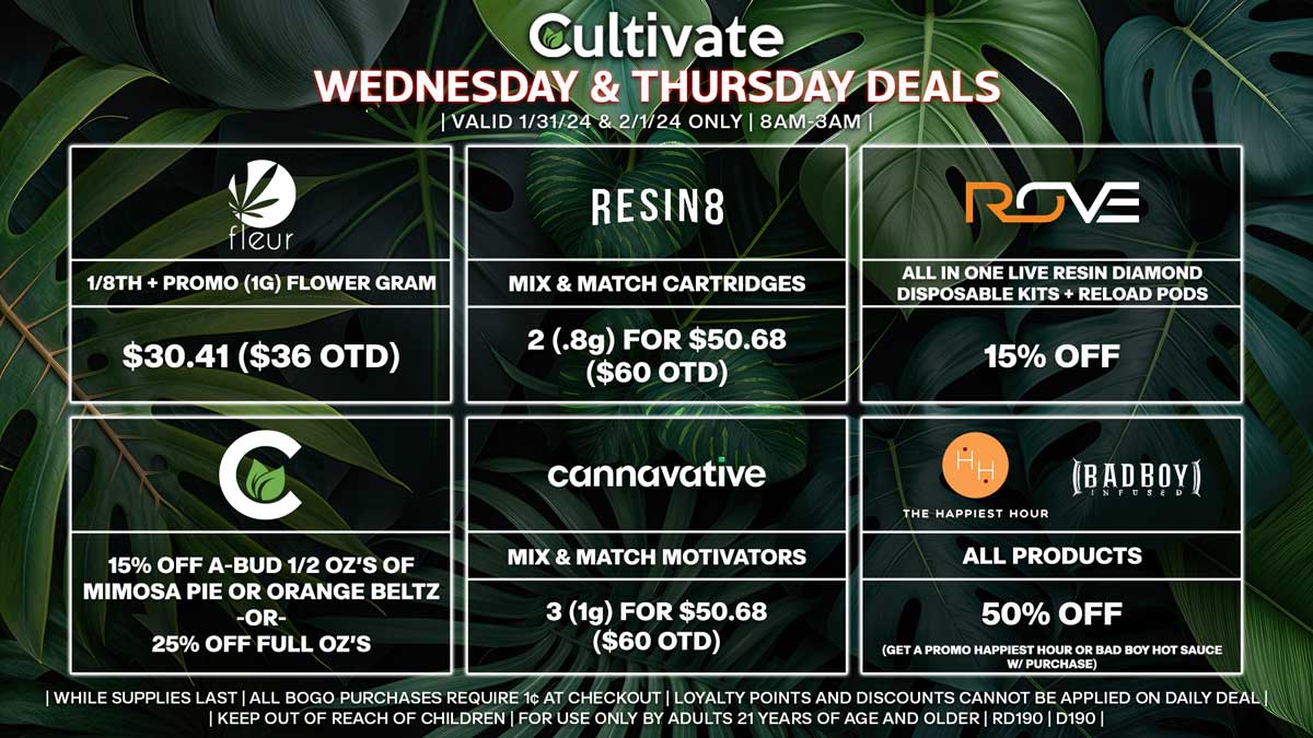 Cultivate Las Vegas Dispensary Daily Deals! Valid WEDNESDAY & THURSDAY 1/31-2/1 Only | 8AM-3AM | While Supplies Last!