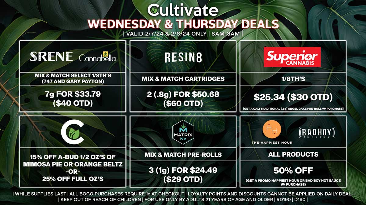 Cultivate Las Vegas Dispensary Daily Deals! Valid WEDNESDAY & THURSDAY 2/7-2/8 Only | 8AM-3AM | While Supplies Last!