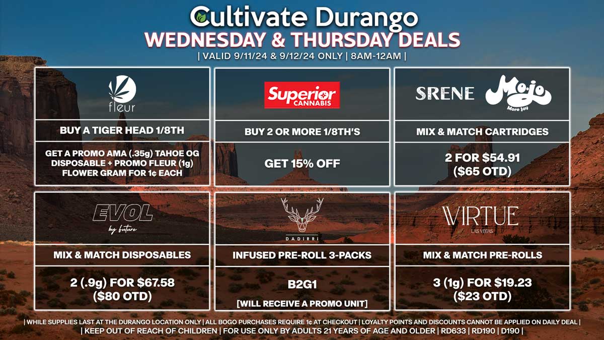 Cultivate Las Vegas Dispensary Daily Deals! Valid WEDNESDAY & THURSDAY 9/11-9/12 Only | 8AM-12AM | While Supplies Last!