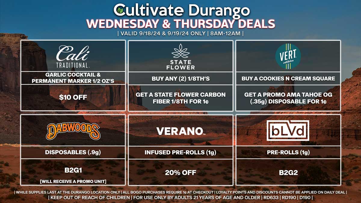 Cultivate Las Vegas Dispensary Daily Deals! Valid WEDNESDAY & THURSDAY 9/18-9/19 Only | 8AM-12AM | While Supplies Last!