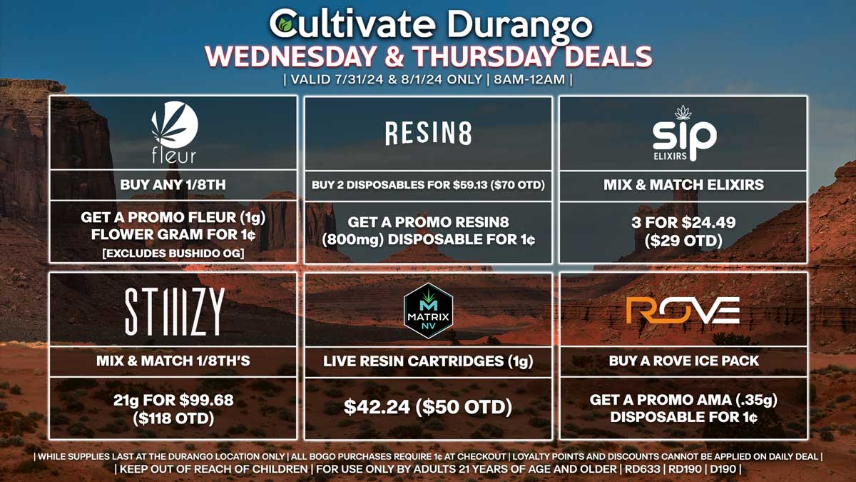 Cultivate Las Vegas Dispensary Daily Deals! Valid WEDNESDAY & THURSDAY 7/31-8/1 Only | 8AM-12AM | While Supplies Last!