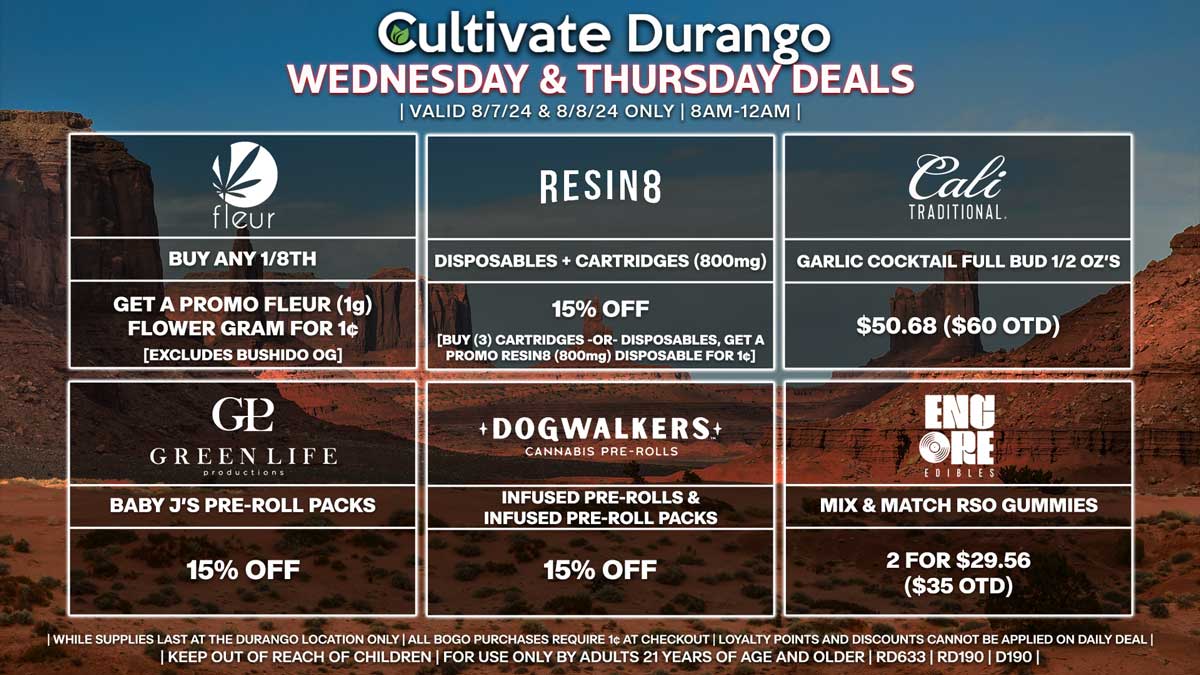 Cultivate Las Vegas Dispensary Daily Deals! Valid WEDNESDAY & THURSDAY 8/7-8/8 Only | 8AM-12AM | While Supplies Last!