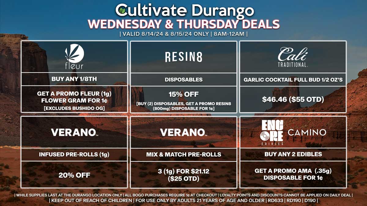 Cultivate Las Vegas Dispensary Daily Deals! Valid WEDNESDAY & THURSDAY 8/14-8/15 Only | 8AM-12AM | While Supplies Last!