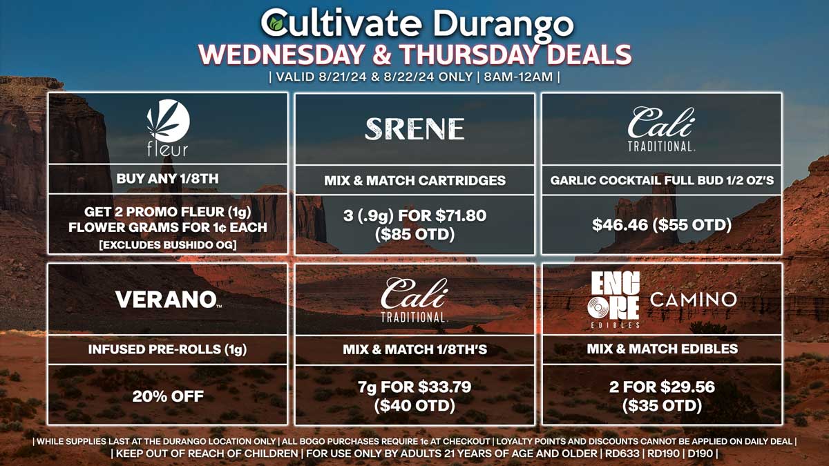 Cultivate Las Vegas Dispensary Daily Deals! Valid WEDNESDAY & THURSDAY 8/21-8/22 Only | 8AM-12AM | While Supplies Last!