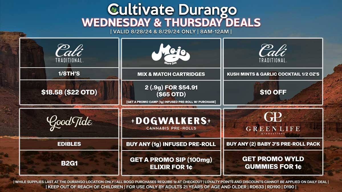 Cultivate Las Vegas Dispensary Daily Deals! Valid WEDNESDAY & THURSDAY 8/28-8/29 Only | 8AM-12AM | While Supplies Last!