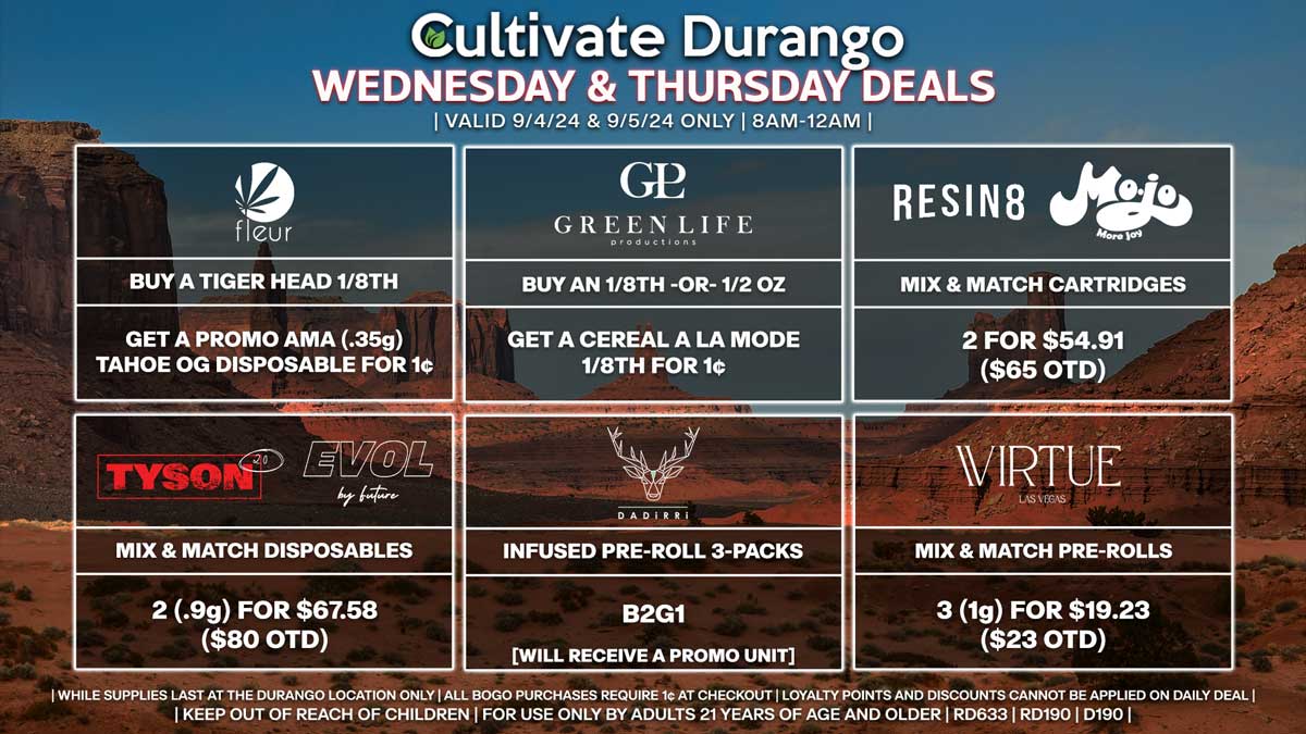 Cultivate Las Vegas Dispensary Daily Deals! Valid WEDNESDAY & THURSDAY 9/4-9/5 Only | 8AM-12AM | While Supplies Last!