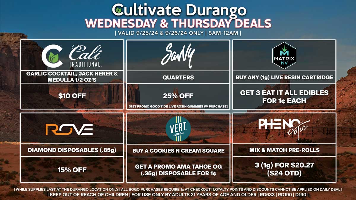 Cultivate Las Vegas Dispensary Daily Deals! Valid WEDNESDAY & THURSDAY 9/25-9/26 Only | 8AM-12AM | While Supplies Last!