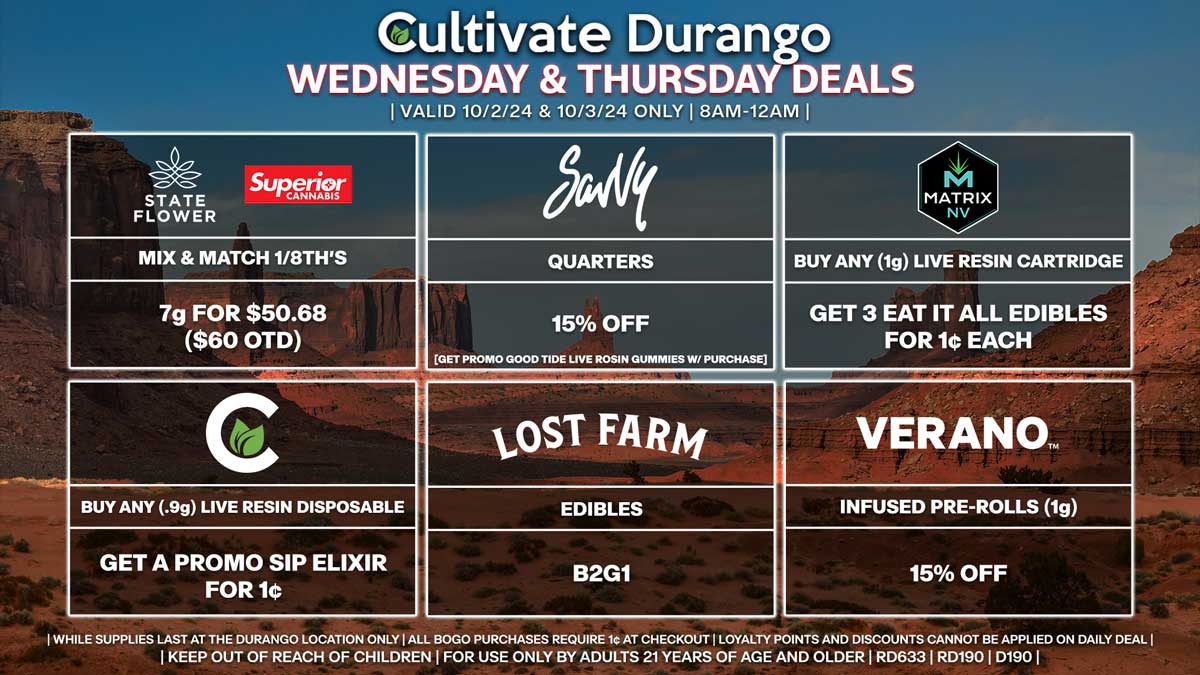 Cultivate Las Vegas Dispensary Daily Deals! Valid WEDNESDAY & THURSDAY 10/2-10/3 Only | 8AM-12AM | While Supplies Last!