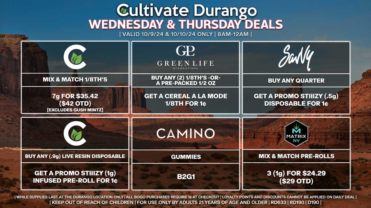 Cultivate Las Vegas Dispensary Daily Deals! Valid WEDNESDAY & THURSDAY 10/9-10/10 Only | 8AM-12AM | While Supplies Last!