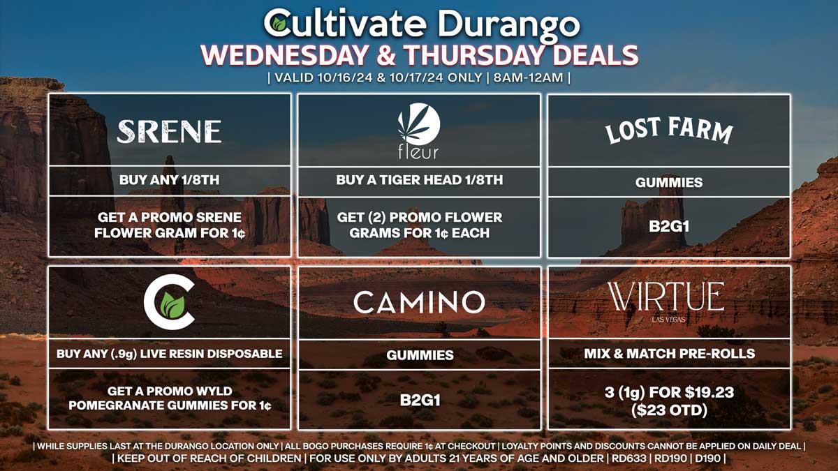 Cultivate Las Vegas Dispensary Daily Deals! Valid WEDNESDAY & THURSDAY 10/16-10/17 Only | 8AM-12AM | While Supplies Last!