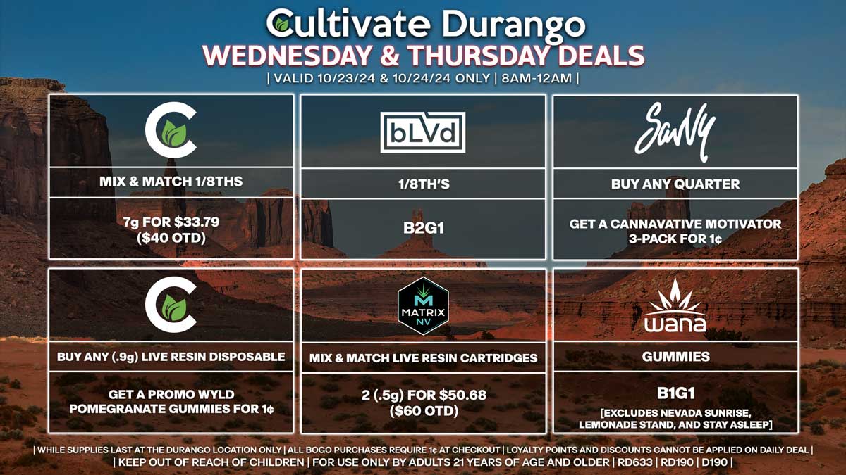 Cultivate Las Vegas Dispensary Daily Deals! Valid WEDNESDAY & THURSDAY 10/23-10/24 Only | 8AM-12AM | While Supplies Last!