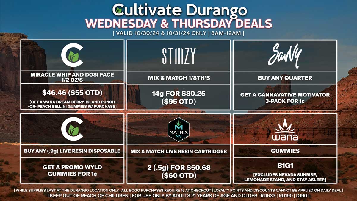 Cultivate Las Vegas Dispensary Daily Deals! Valid WEDNESDAY & THURSDAY 10/30-10/31 Only | 8AM-12AM | While Supplies Last!