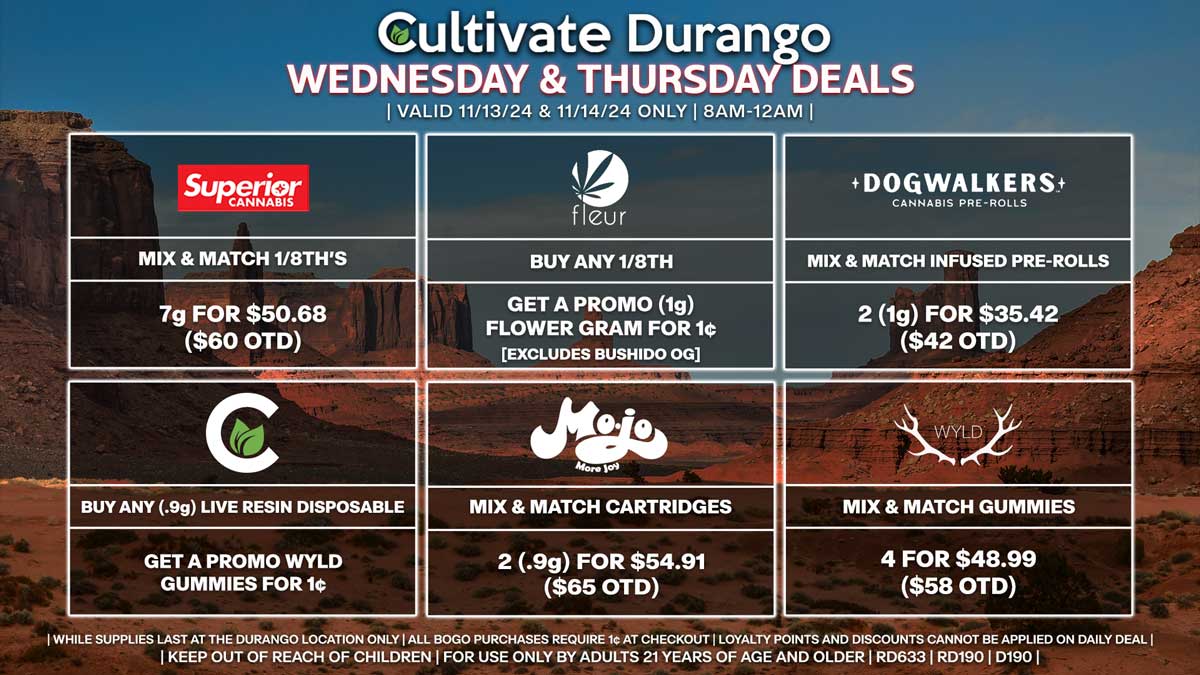 Cultivate Las Vegas Dispensary Daily Deals! Valid WEDNESDAY & THURSDAY 11/13-11/14 Only | 8AM-12AM | While Supplies Last!