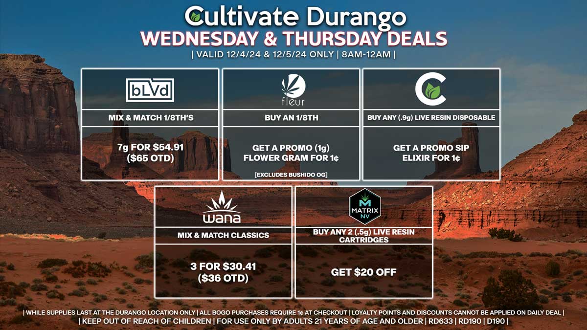 Cultivate Las Vegas Dispensary Daily Deals! Valid WEDNESDAY & THURSDAY 12/4-12/5 Only | 8AM-12AM | While Supplies Last!