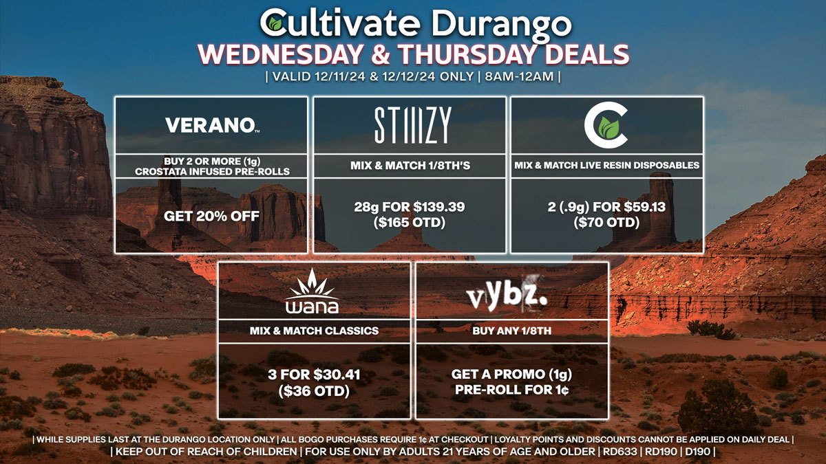 Cultivate Las Vegas Dispensary Daily Deals! Valid WEDNESDAY & THURSDAY 12/11-12/12 Only | 8AM-12AM | While Supplies Last!