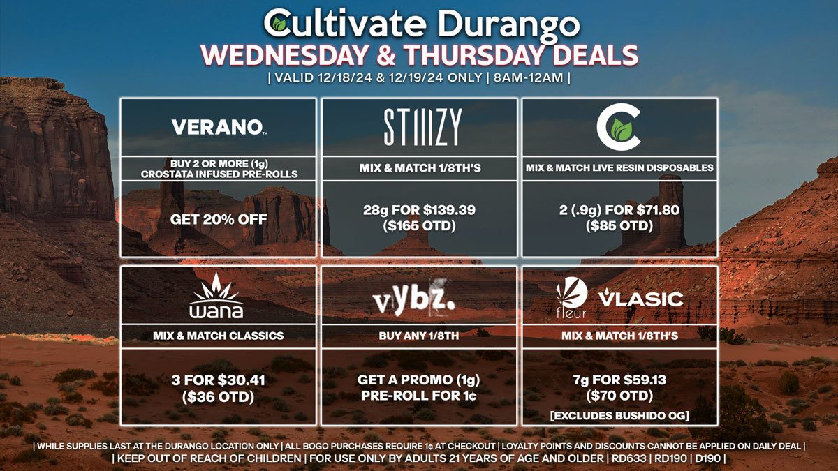 Cultivate Las Vegas Dispensary Daily Deals! Valid WEDNESDAY & THURSDAY 12/18-12/19 Only | 8AM-12AM | While Supplies Last!