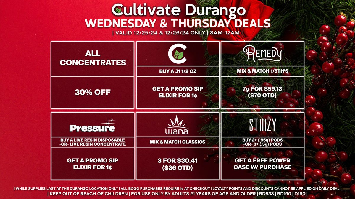 Cultivate Las Vegas Dispensary Daily Deals! Valid WEDNESDAY & THURSDAY 12/25-12/26 Only | 8AM-12AM | While Supplies Last!